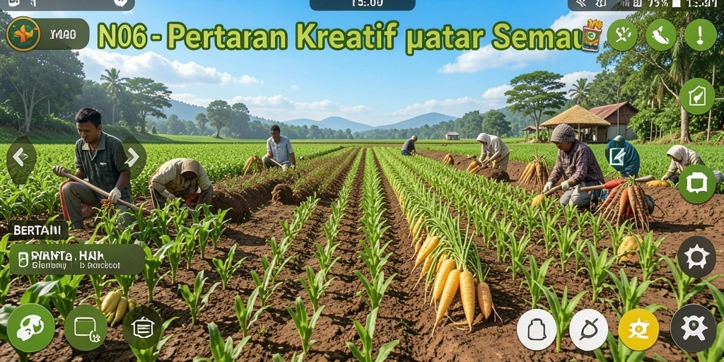 Screenshot utama N06 menampilkan lahan pertanian yang subur dan aktivitas bertani.