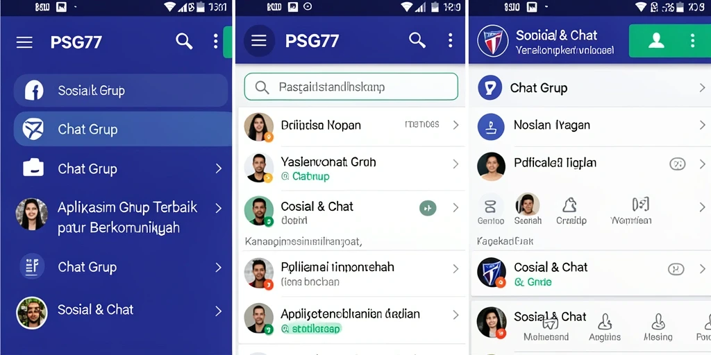 Tampilan antarmuka aplikasi Chat Grup PSG77 yang modern.