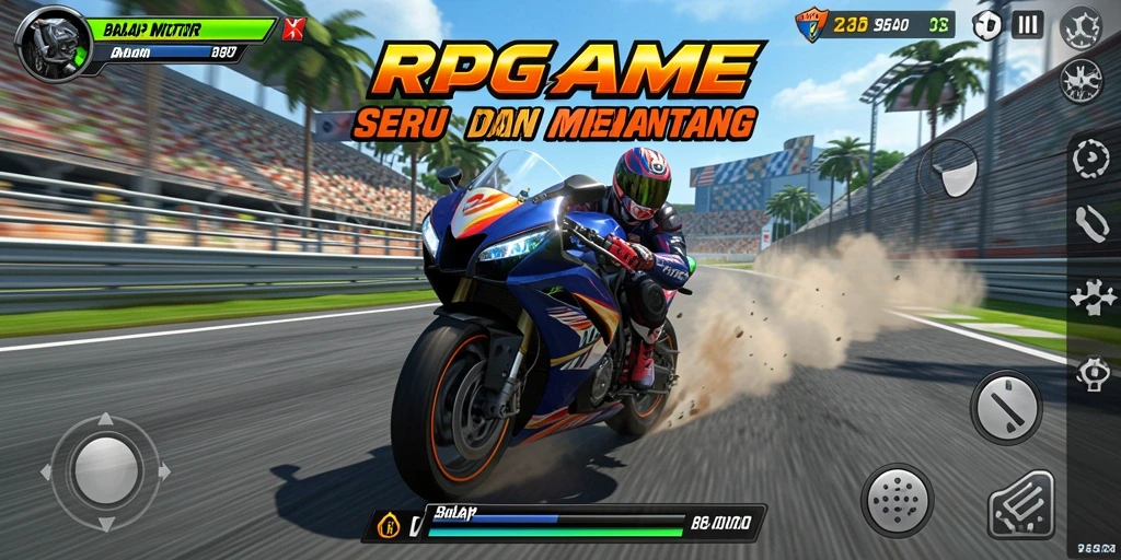 Antarmuka RPGAME yang menarik dan dinamis saat balapan motor.